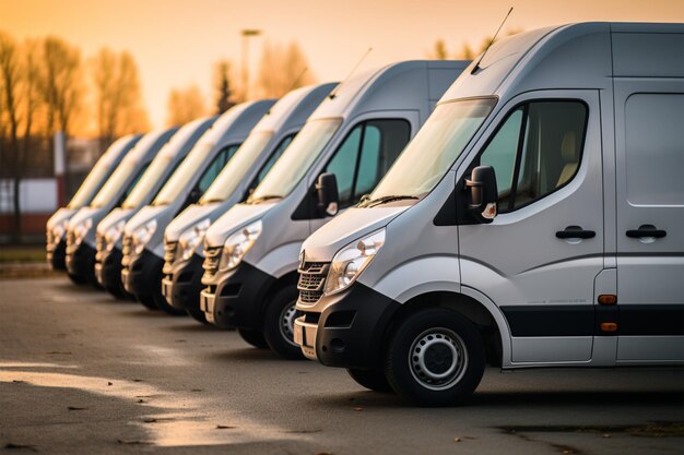 Foto flotta della società di servizi di trasporto furgoni per la consegna parcheggiati ordinatamente in file