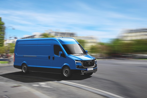 Transportservice met een blauwe bestelwagen die snel op de weg rijdt d rendering