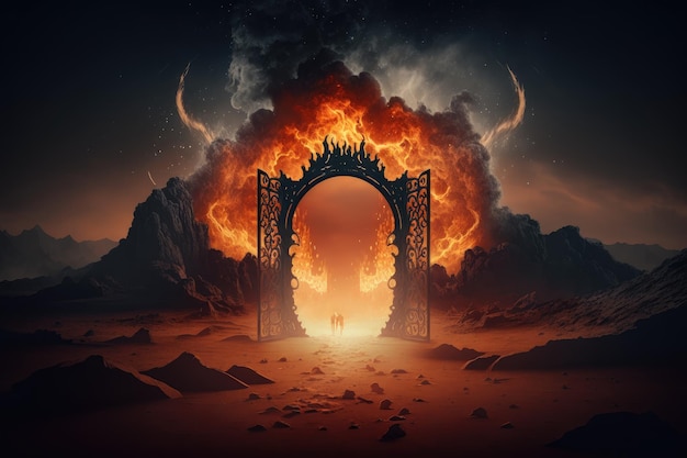 Trap in form of glowing fire on ground in form of gate to hell