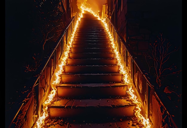 Trappen die leiden naar een ingang van een Halloween-feestje die lijken op een vurige trap