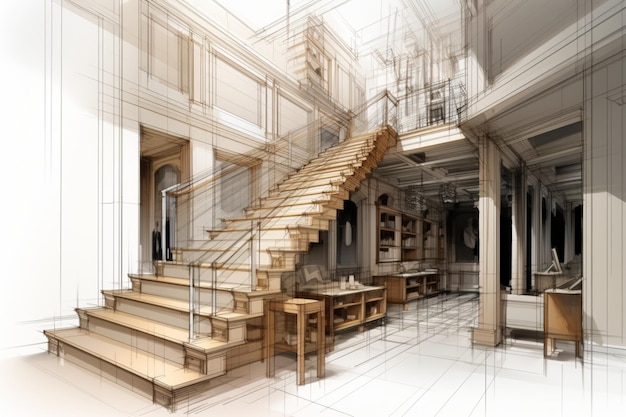 Trappenhal schetste 3D-draadframe waardoor architecturale diepte en design werden tentoongesteld