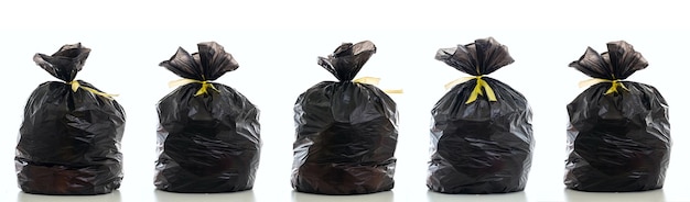 ゴミ箱の黒いゴミ袋いっぱいし、白い背景に対して隔離される結ばれる