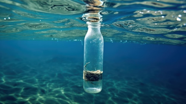 A trash bottle sinking under the ocean