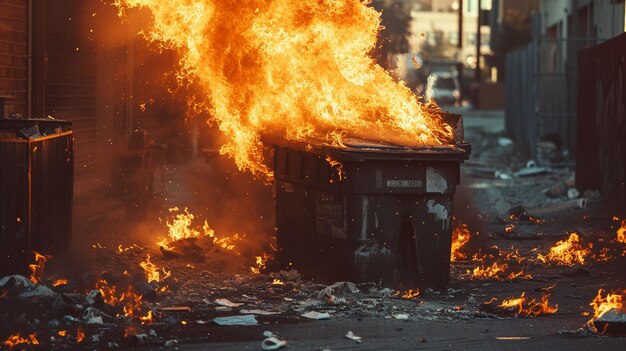 Photo trash can engulfed in flames on city street