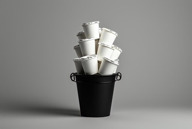 a trash can filled with several paper cups in the style of minimalist black and white