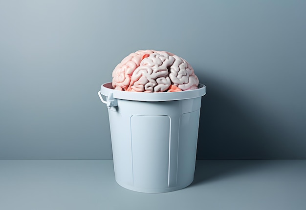 Trash can with a brain on the floor in a gray room closeup Use of the human resource