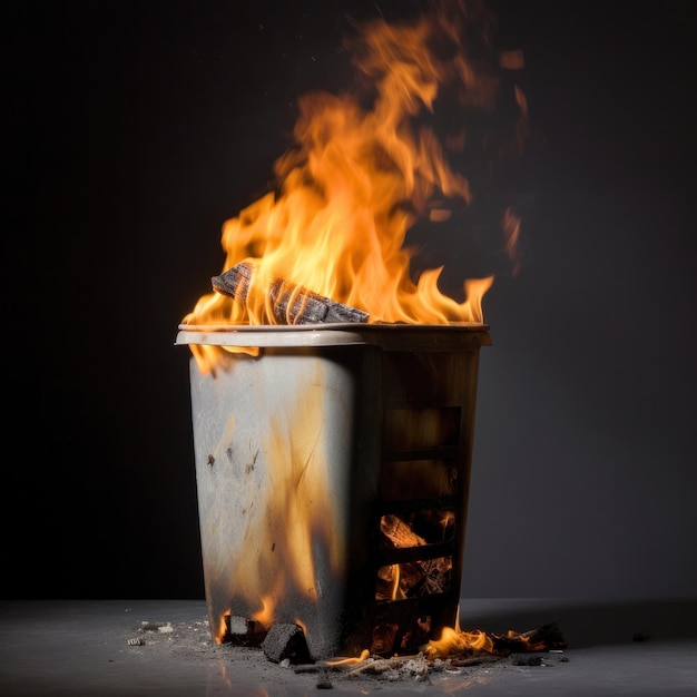 A trash can with a fire in it is on fire.