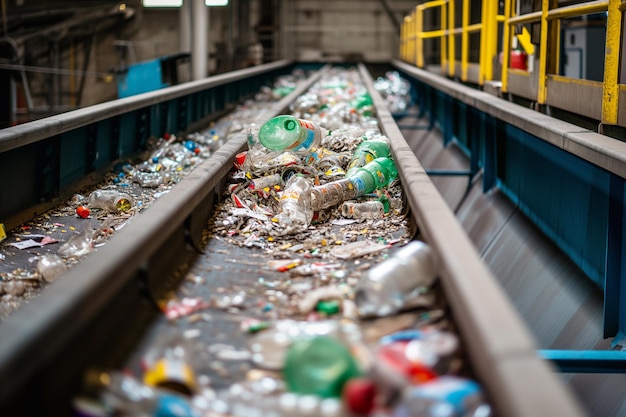 trash on conveyor belt at waste recycling plant Ecology concept