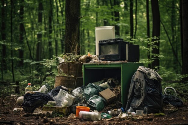 Photo trash in the forest concept of human pollution of nature