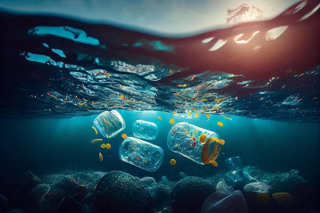 Photo trash plastic bottles drifting in the oceangenerative ai