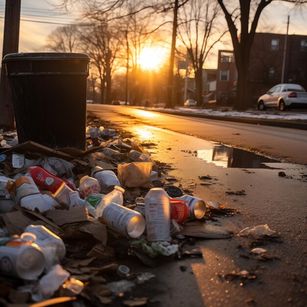 trash on the side of a road at sunset