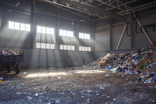 Trash sorting and recycling workshop with trailer at the waste\
processing plant with sun rays separate garbage collection\
recycling and storage of waste for further disposal