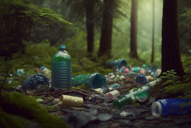 Trash strewn forestpollution concept generative ai