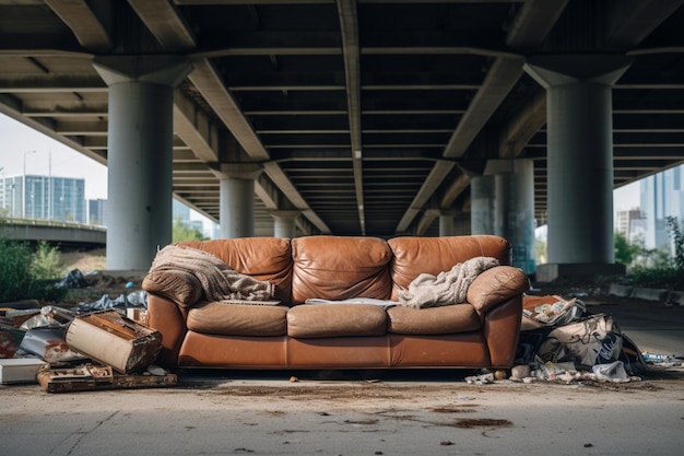 Photo trashed sofa under overpass design architecture aesthetic look