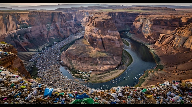 Photo trashfilled river cutting through canyon