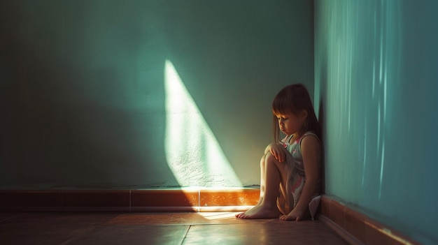 Photo traumatized children concept little girl sitting at the corner of the room feeling sad and lonely