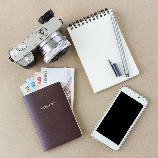 Travel accessories with copy space in top view