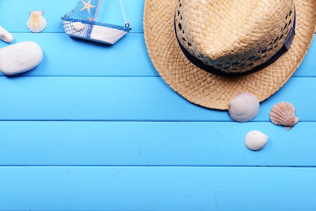 Travel accessories on wooden background