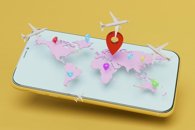 Travel around the world by plane world map with destination\
point in smartphone 3d render