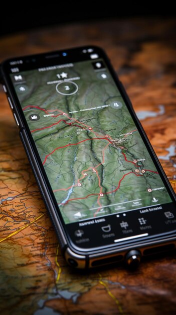 Photo travel assistance phone s gps navigator shows the route on a map vertical mobile wallpaper