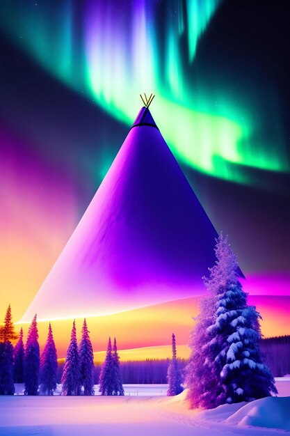 Travel aurora village geomagnetic storm winter vibrant wonderland landscape tepee purple t