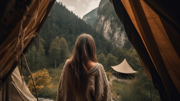 Travel back see Young lady voyages through the mountains glamping tentswaterfalls of wild nature AI Generated