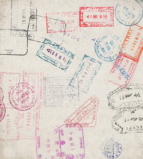 Travel background with different passport stamps