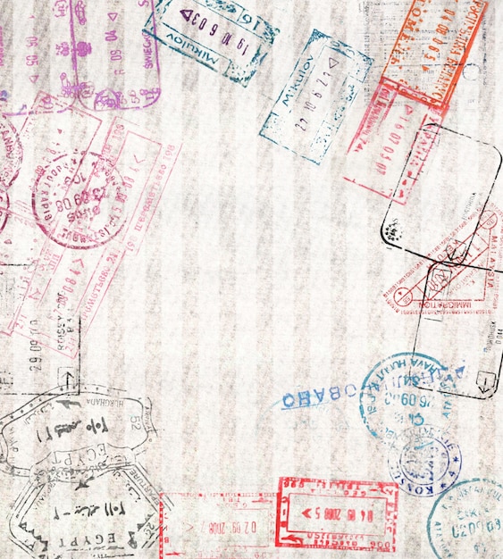 Photo travel background with different passport stamps