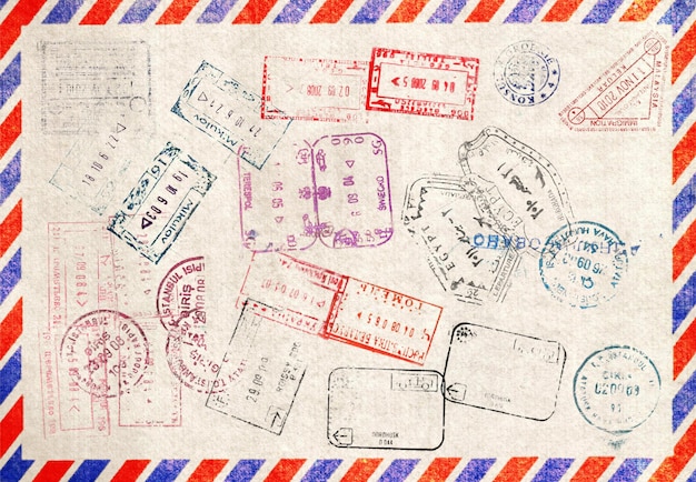 Photo travel background with different passport stamps