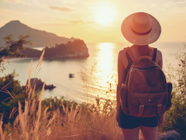 Foto la donna con la borsa che viene alla spiaggia tropicale soleggiata