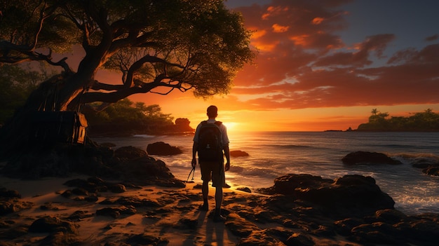 Travel bag beside a man standing Details Background is sea beach with nice tree and sunset