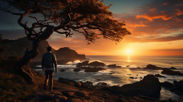 Travel bag beside a man standing Details Background is sea beach with nice tree and sunset