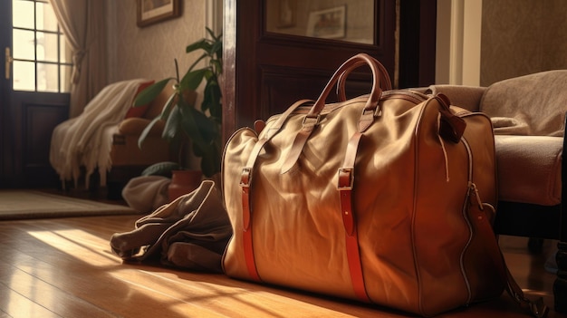 a travel bag in a cozy hotel room The image exude comfort and adventure