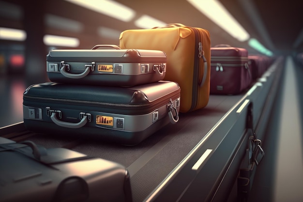 Travel bags on airport checkin conveyor belt suitcase AI