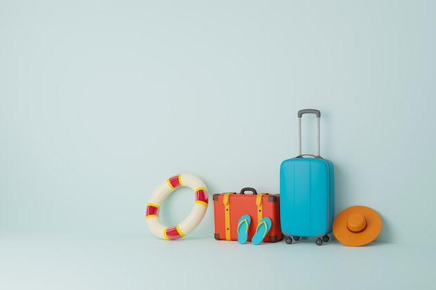 travel bags used in tourism complete with slippers, camera, chairs, and beach umbrellas.
