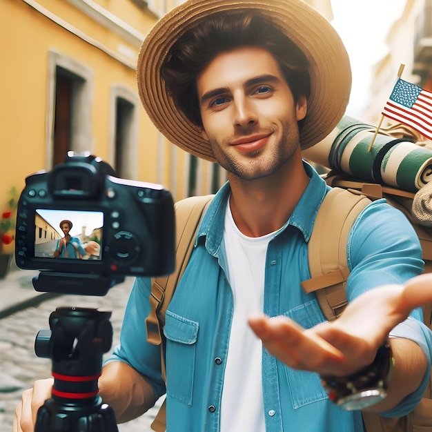 Travel blogger recording trip vlog on camera young handsome guy in straw hat