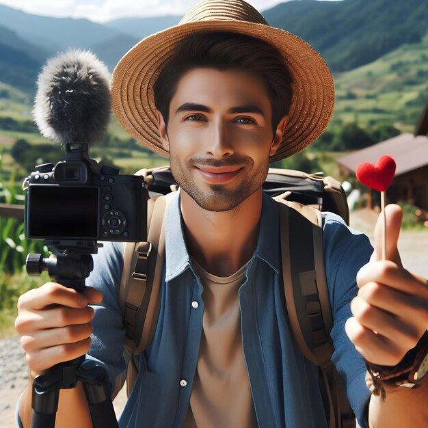 Photo travel blogger recording trip vlog on camera young handsome guy in straw hat