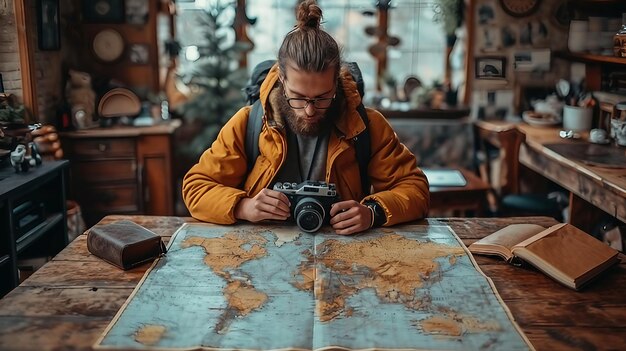 Photo a travel blogger strategizing their day on a map ai generate illustration