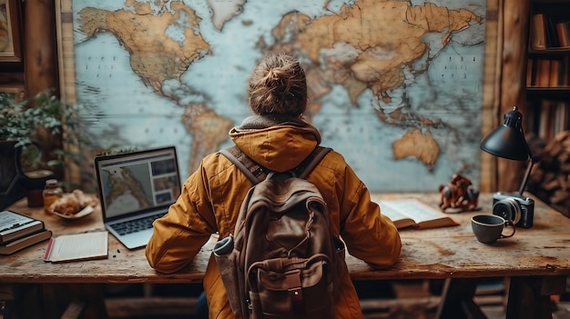 Блогер-путешественник планирует свой день на карте, искусственный интеллект генерирует иллюстрацию