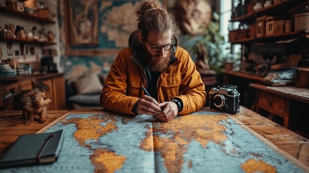 A travel blogger strategizing their day on a map AI generate illustration