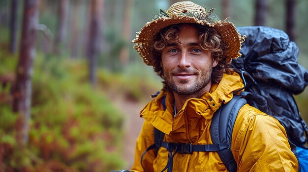 Travel blogger in a straw hat young handsome guy recording