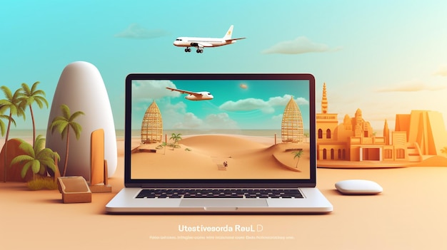 Travel booking business concept paper and airplane model on colorful desk background