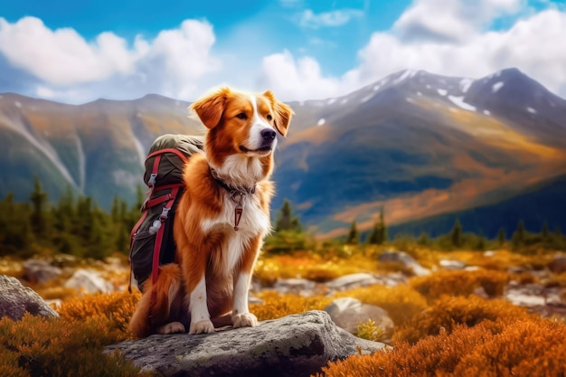 写真 バックパックを背負った旅行仲間のかわいい犬が山の冒険に挑戦 生成 ai