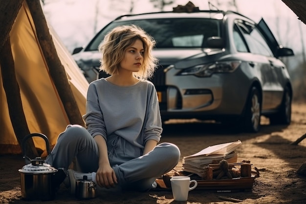 Путешествие на машине Девушка-туристка сидит на пне с чашкой чая и машиной с палаткой сзади