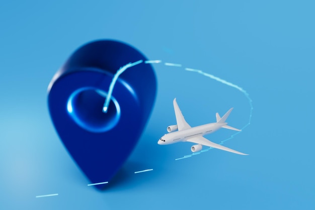 Travel by plane an aircraft flying on the specified path and a gps point on a blue background