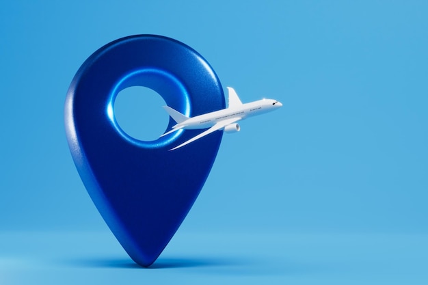 飛行機で旅行飛行機と青い背景の GPS ポイント コピー ペースト コピー スペース 3 D レンダリング