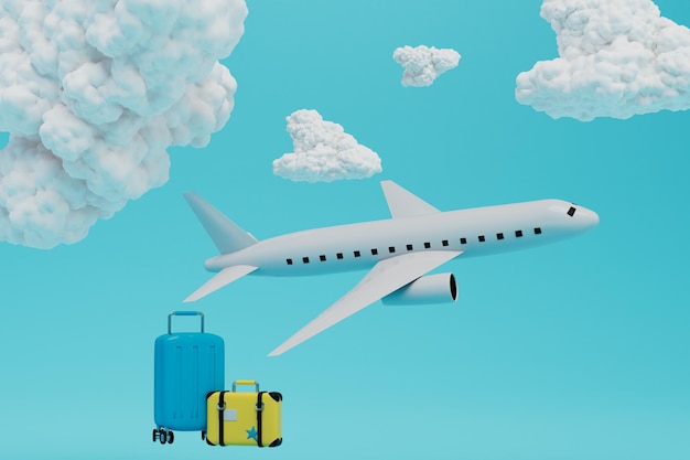 Travel by plane plane and luggage on a blue background with white clouds 3D render