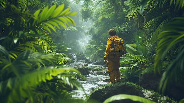 Travel cocept explorer trekking through a jungle