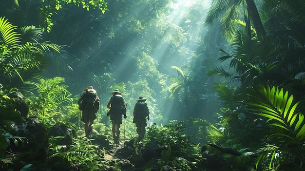 Travel cocept explorer trekking through a jungle
