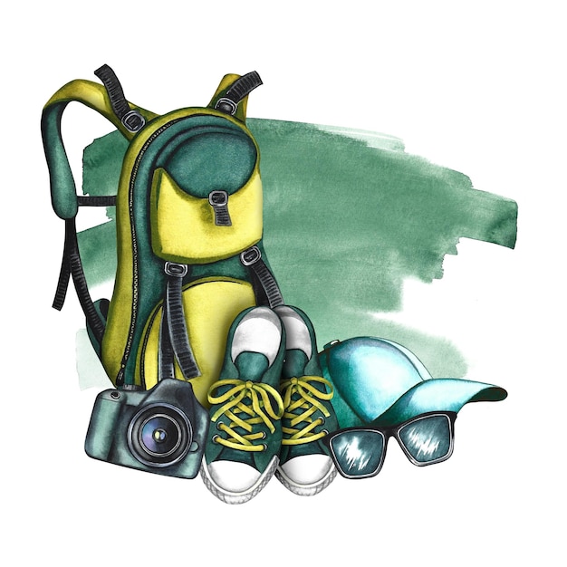 Photo travel composition with the image of a backpack a camera sneakers watercolor handdrawn